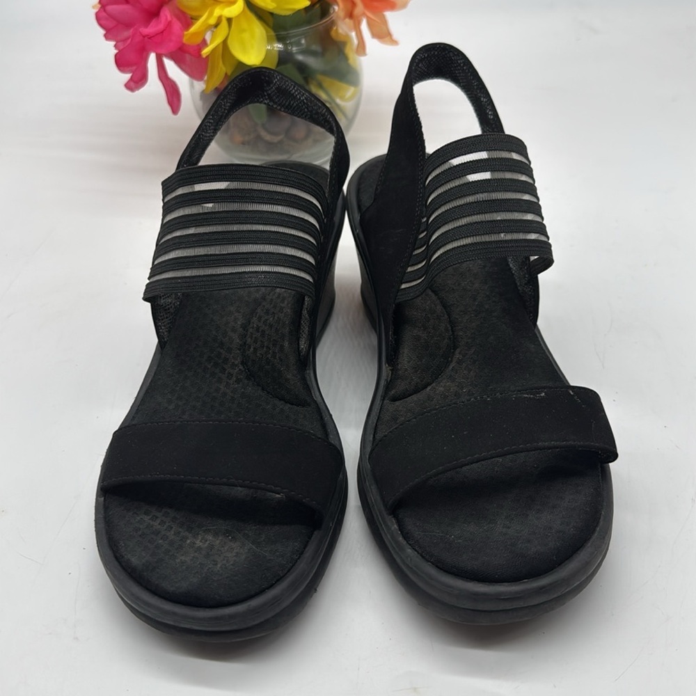 Black Wedge Sandals with Elastic Straps and Cushioned Footbed Size 9 SKT7973G - Picture 2 of 7